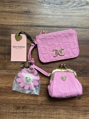 Juicy Couture Pink Embossed Coin Purse, Card Holder & Flower Charm Set